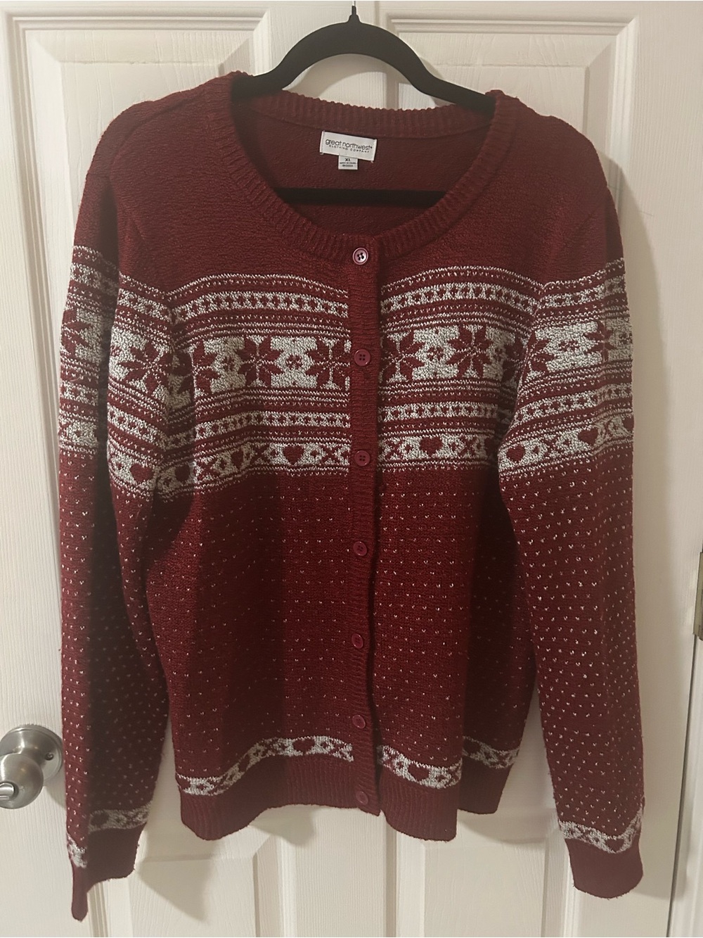 Great Northwest XL Fair Isle Snowflake Button Up Cardigan Christmas Maroon